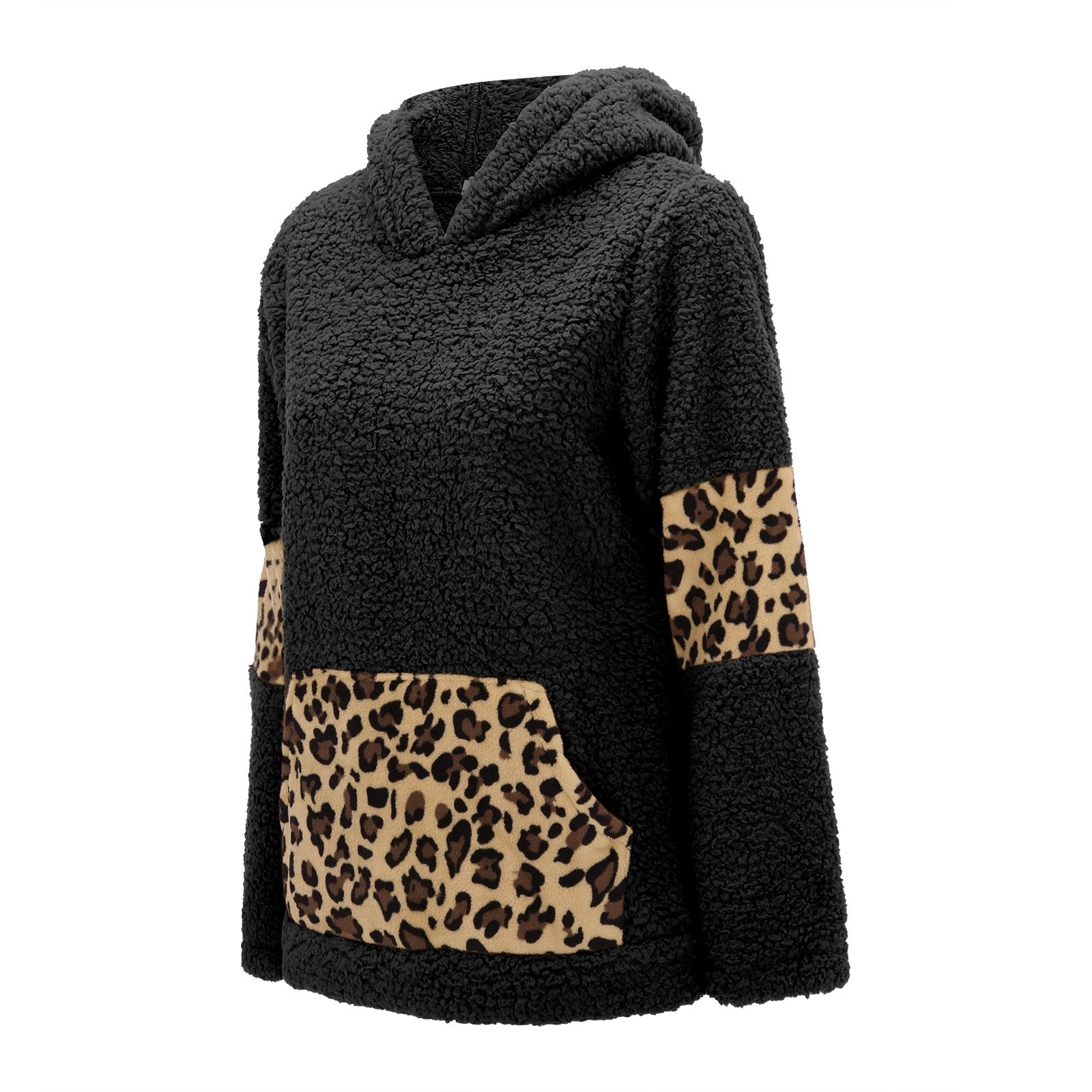 Winter Leisure Leopard Print Pocket Plush Round Neck Pullover - Fashion Damsel