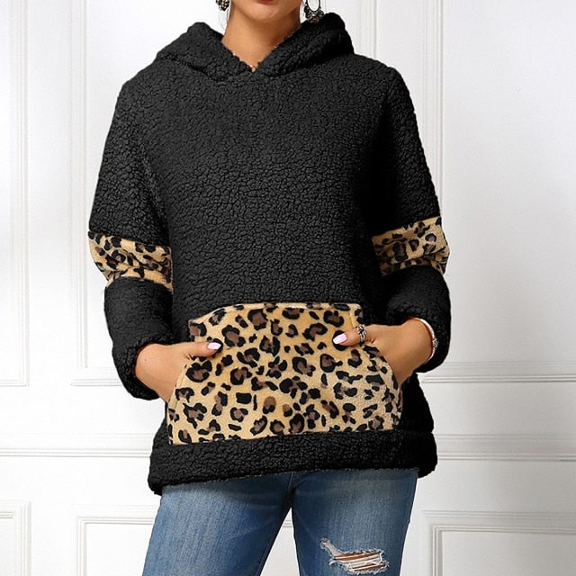 Winter Leisure Leopard Print Pocket Plush Round Neck Pullover - Fashion Damsel