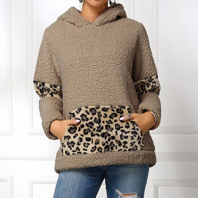 Winter Leisure Leopard Print Pocket Plush Round Neck Pullover - Fashion Damsel