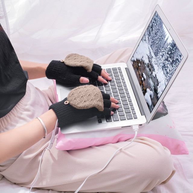 Winter Women's Half Finger Knitted  USB Heated Gloves