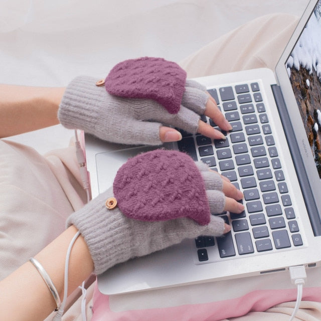 Winter Women's Half Finger Knitted  USB Heated Gloves