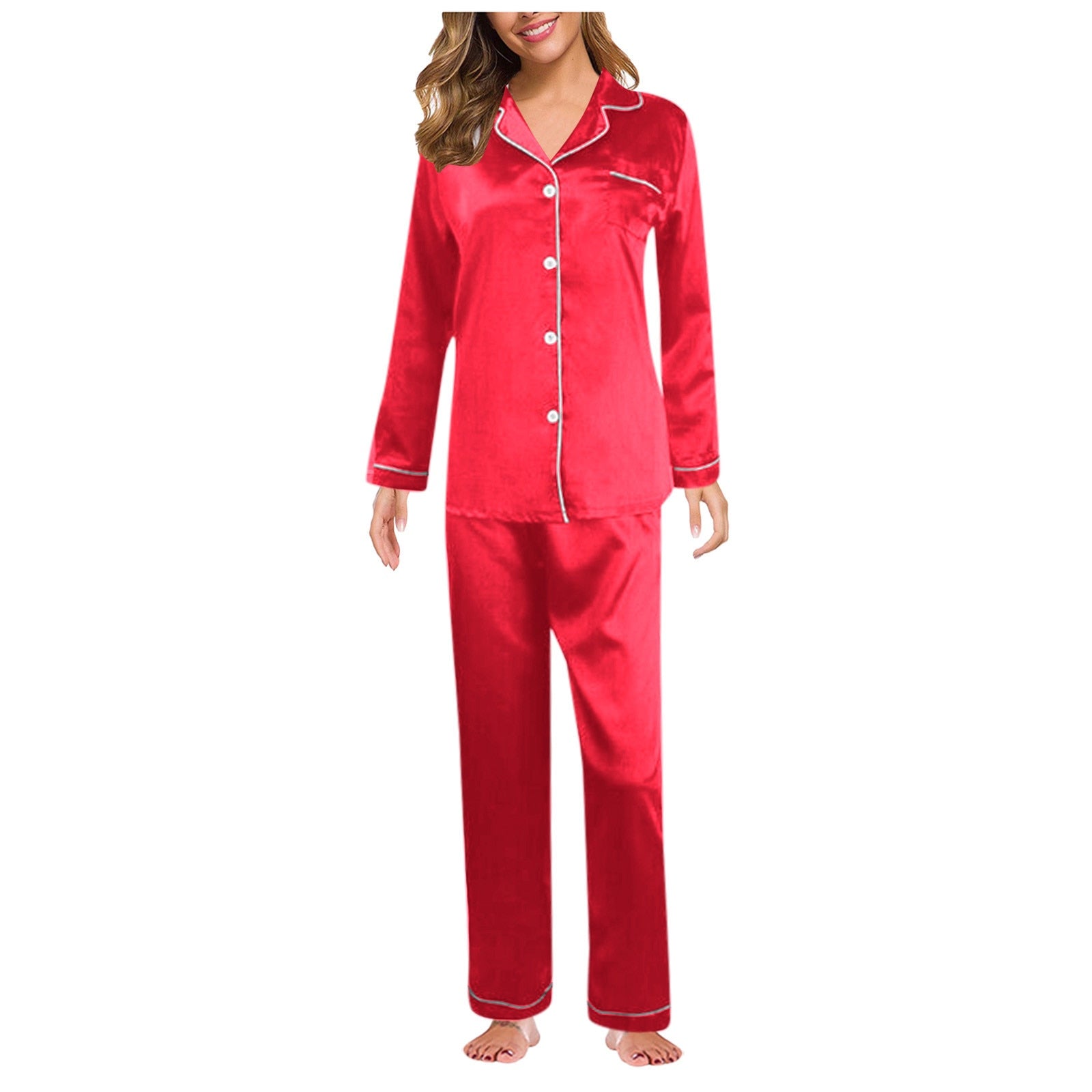 Pajamas Silk Satin Sleepwear Long Sleeve Top And Trouser - Fashion Damsel