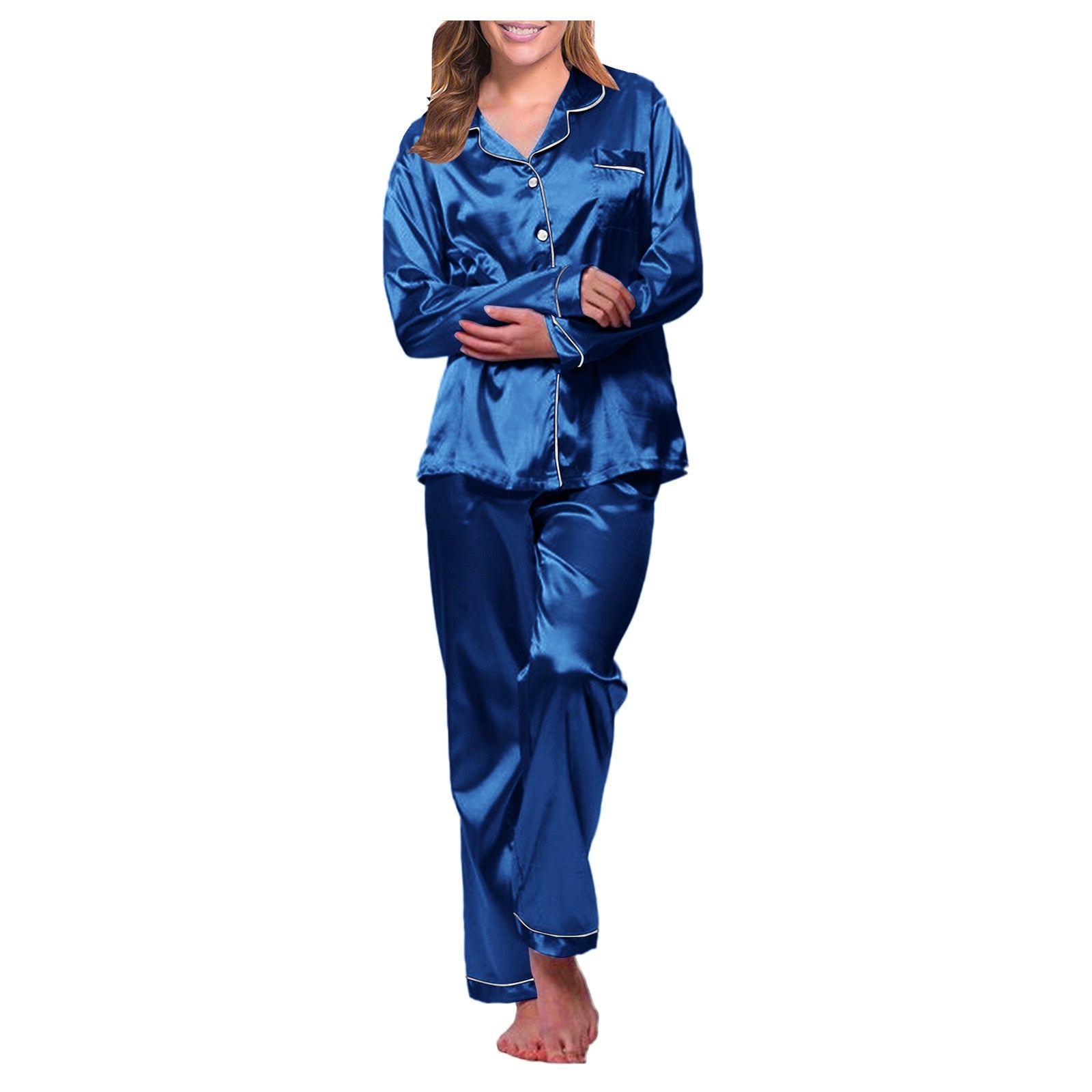 Pajamas Silk Satin Sleepwear Long Sleeve Top And Trouser - Fashion Damsel