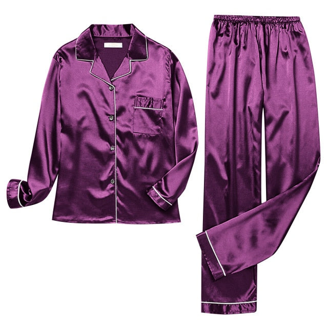 Pajamas Silk Satin Sleepwear Long Sleeve Top And Trouser - Fashion Damsel