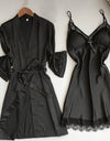 2 Pieces Kimono Bathrobe Nightdress Set With Lace Satin Sleepwear - Fashion Damsel