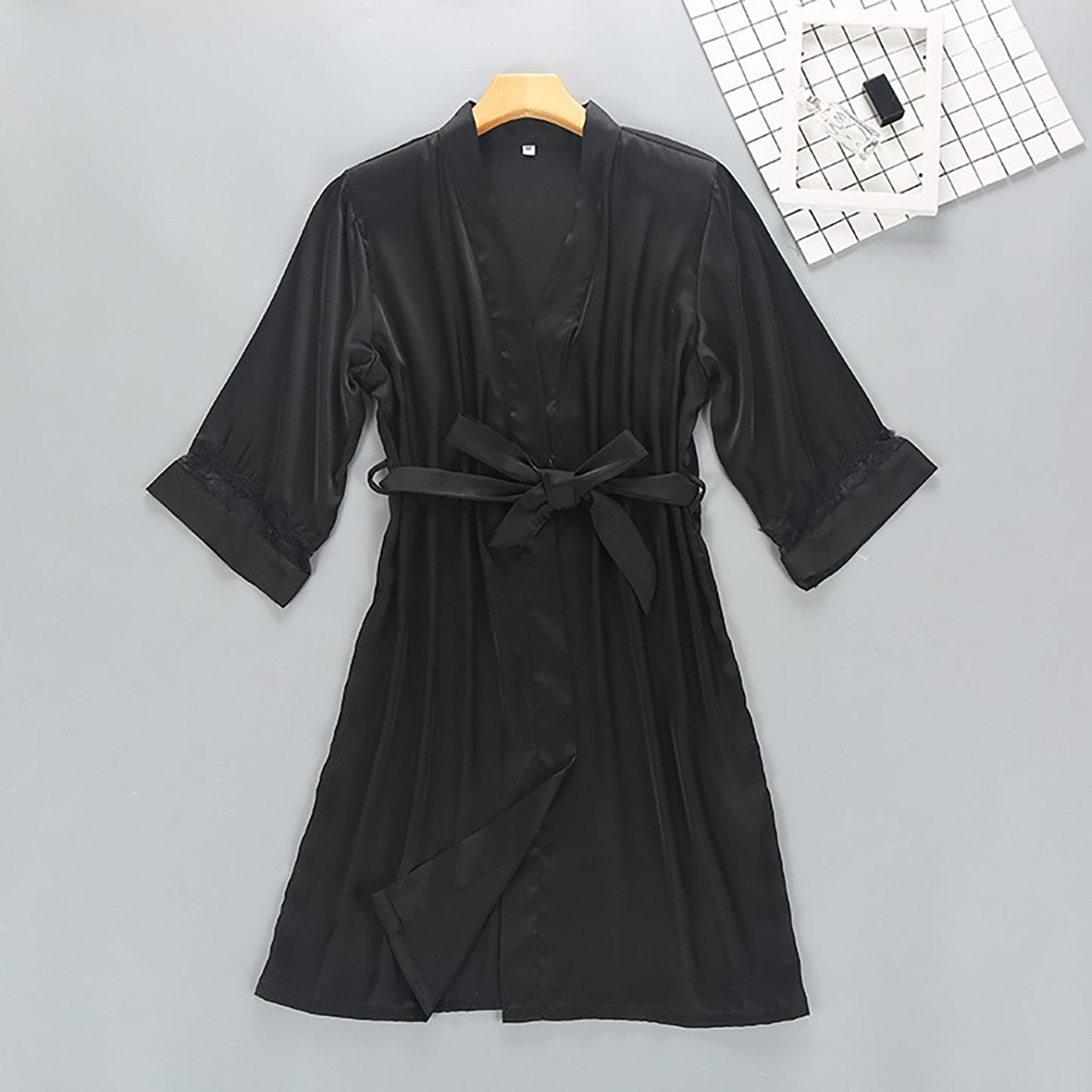 2 Pieces Kimono Bathrobe Nightdress Set With Lace Satin Sleepwear - Fashion Damsel