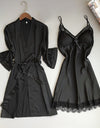 2 Pieces Kimono Bathrobe Nightdress Set With Lace Satin Sleepwear - Fashion Damsel