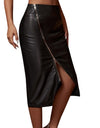 High Waist Zip-Up Maxi Leather Black Skirt With Split - Fashion Damsel