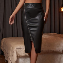 Load image into Gallery viewer, High Waist Zip-Up Maxi Leather Black Skirt With Split - Fashion Damsel
