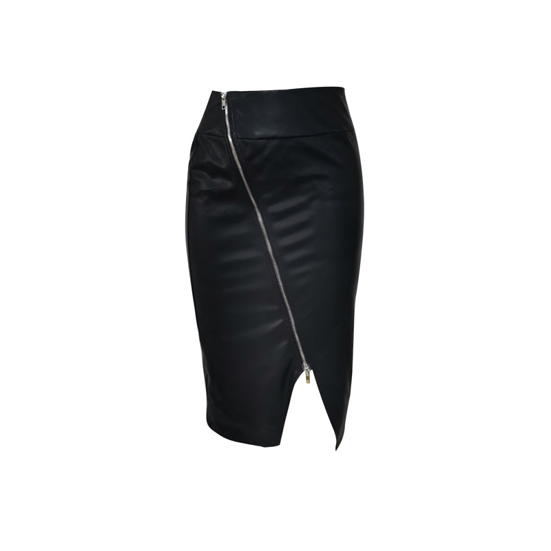 High Waist Zip-Up Maxi Leather Black Skirt With Split - Fashion Damsel
