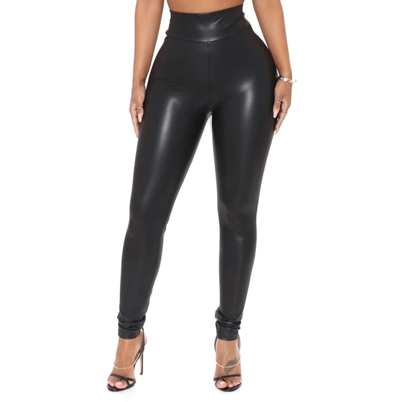 Average/Plus Size Casual Pencil Slim Fit Pleated High Waist Faux Leather Pants - Fashion Damsel