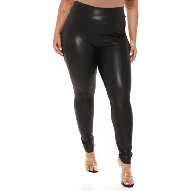 Average/Plus Size Casual Pencil Slim Fit Pleated High Waist Faux Leather Pants - Fashion Damsel