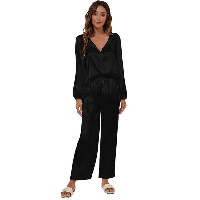 Long Sleeve V-neck Silk Satin Pajamas For Women - Fashion Damsel