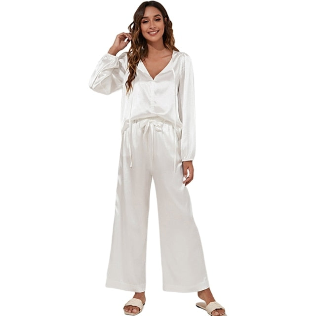 Long Sleeve V-neck Silk Satin Pajamas For Women - Fashion Damsel
