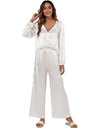 Long Sleeve V-neck Silk Satin Pajamas For Women - Fashion Damsel