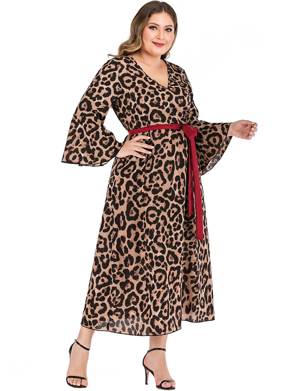 Casual Plus Size Full Sleeve Maxi Stylish Leopard Printed Dress - Fashion Damsel