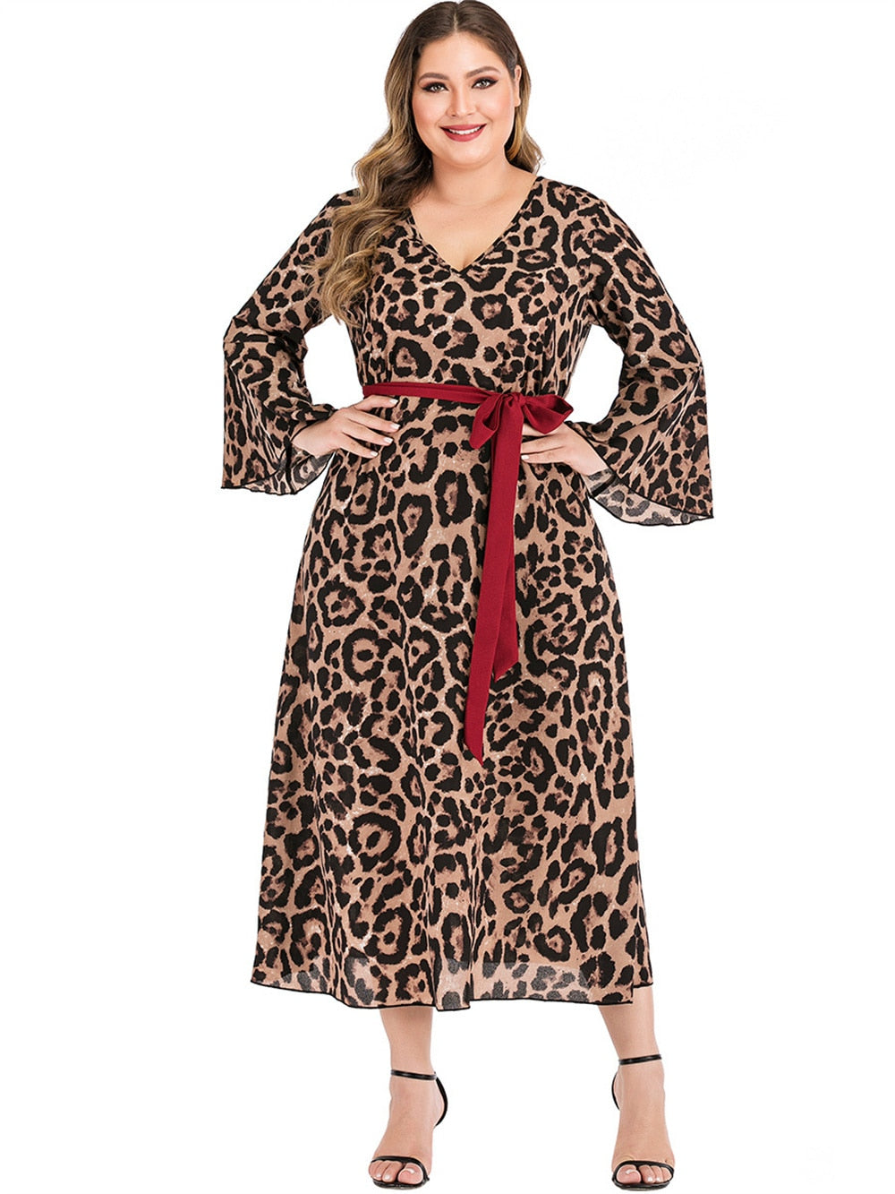 Casual Plus Size Full Sleeve Maxi Stylish Leopard Printed Dress - Fashion Damsel