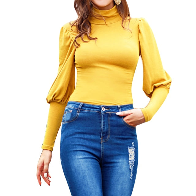Stand-Up Knitted Puff Sleeve Casual Turtleneck - Fashion Damsel