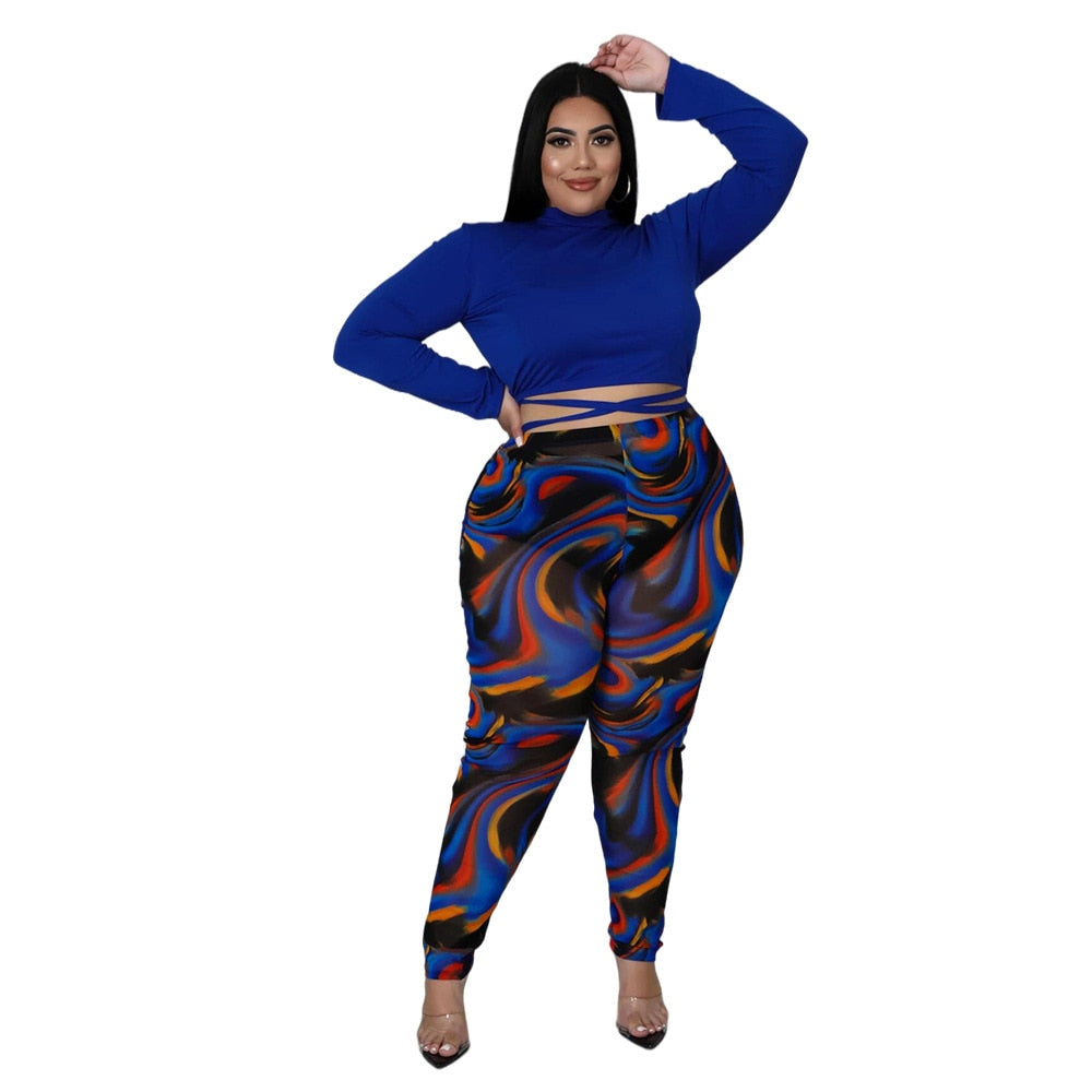 L-5XL Plus Size Two Piece Full Sleeve T-Shirt And Printed Pants Set