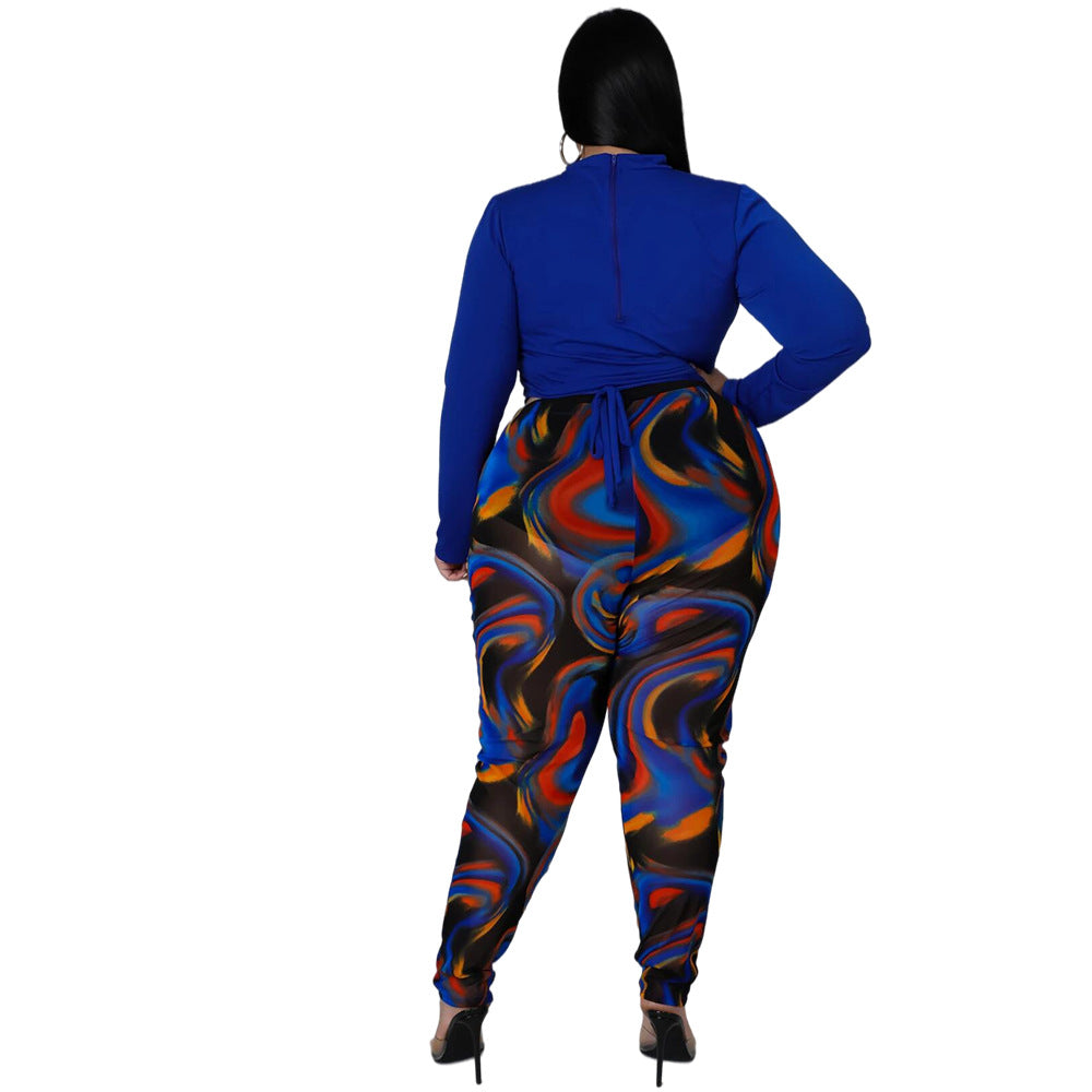 L-5XL Plus Size Two Piece Full Sleeve T-Shirt And Printed Pants Set