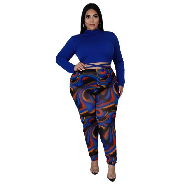 L-5XL Plus Size Two Piece Full Sleeve T-Shirt And Printed Pants Set