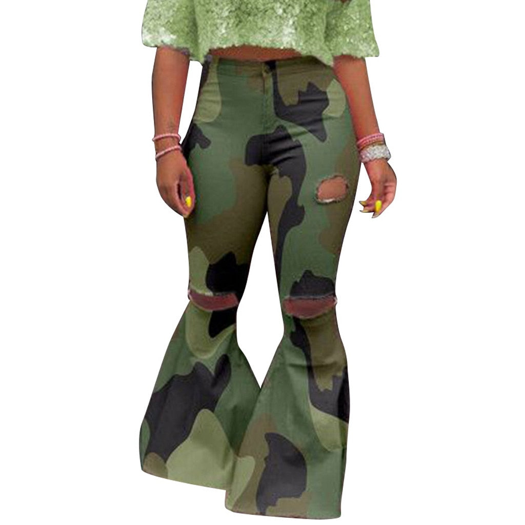 Army Style Plus Size High Waist Denim Bell Bottoms