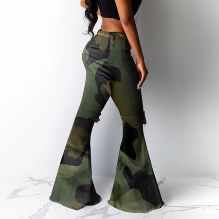 Army Style Plus Size High Waist Denim Bell Bottoms