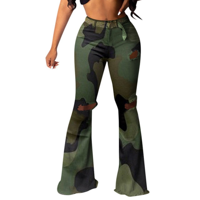 Army Style Plus Size High Waist Denim Bell Bottoms