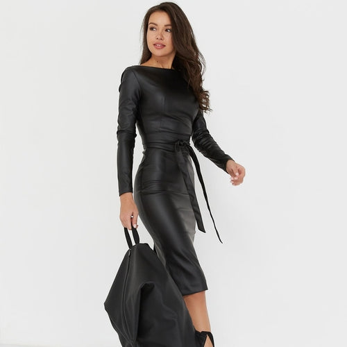 Women's Synthetic Leather Long Sleeve Dress - Fashion Damsel