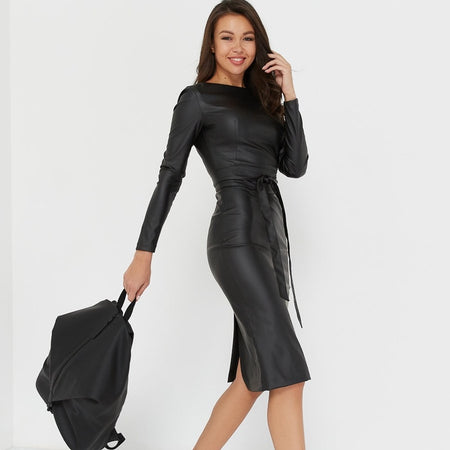 Women's Synthetic Leather Long Sleeve Dress - Fashion Damsel