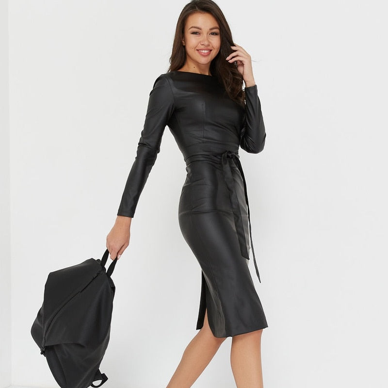 Women's Synthetic Leather Long Sleeve Dress - Fashion Damsel