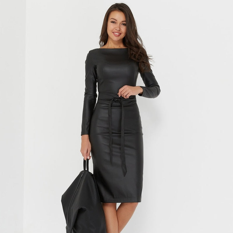 Women's Synthetic Leather Long Sleeve Dress - Fashion Damsel