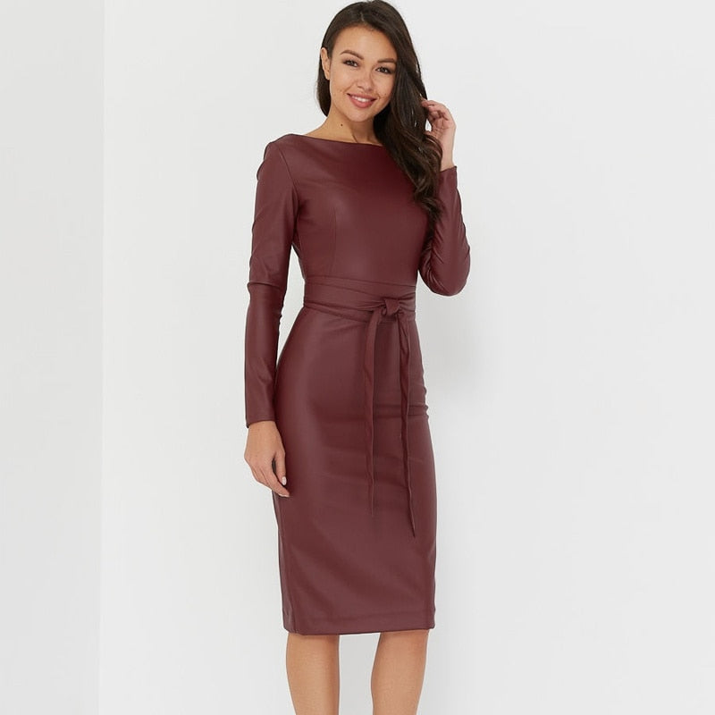 Women's Synthetic Leather Long Sleeve Dress - Fashion Damsel