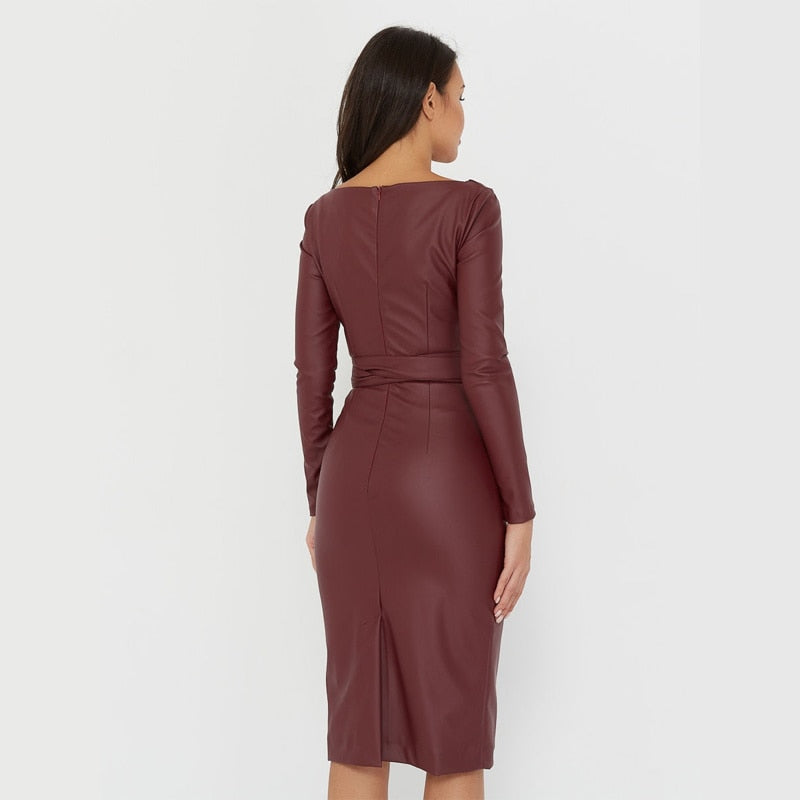Women's Synthetic Leather Long Sleeve Dress - Fashion Damsel
