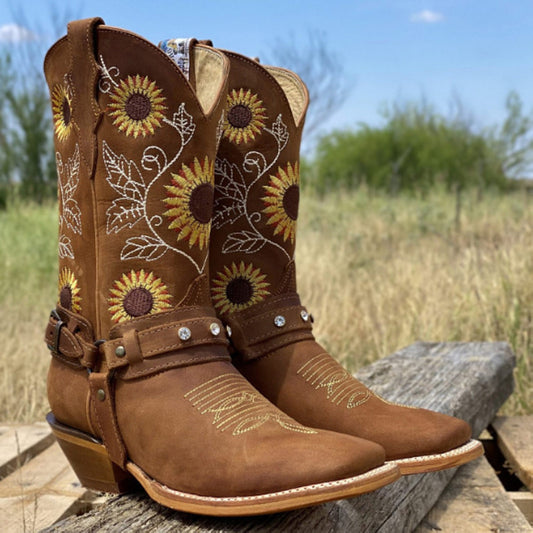 Embroidered  Women's Knee High Leather Cowboy Boots - Fashion Damsel