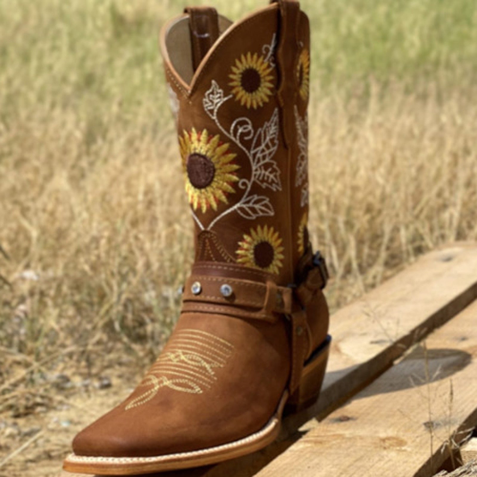 Embroidered  Women's Knee High Leather Cowboy Boots - Fashion Damsel