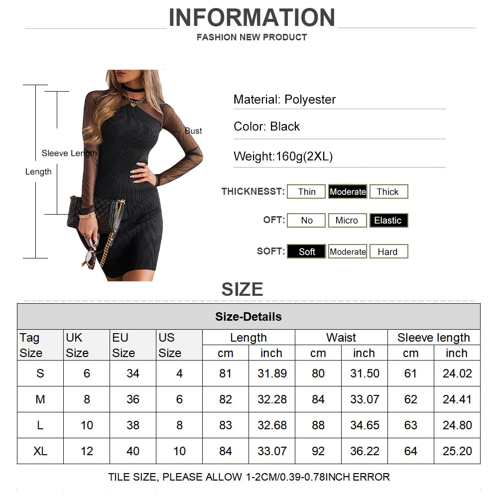 Long Sleeve Black Ribbed Mini Party Dress - Fashion Damsel
