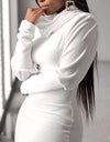 Long-Sleeve Elegant Slim High Neck Solid Cotton Dress - Fashion Damsel