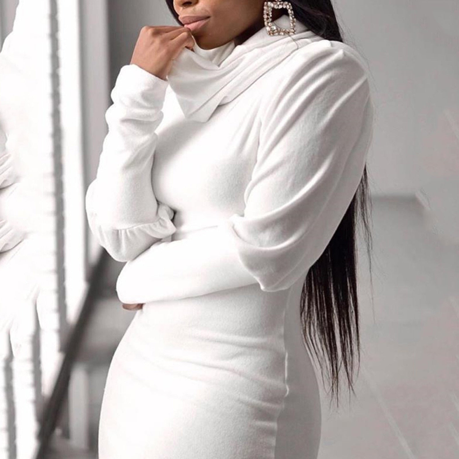 Long-Sleeve Elegant Slim High Neck Solid Cotton Dress - Fashion Damsel