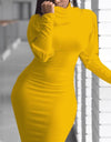 Long-Sleeve Elegant Slim High Neck Solid Cotton Dress - Fashion Damsel