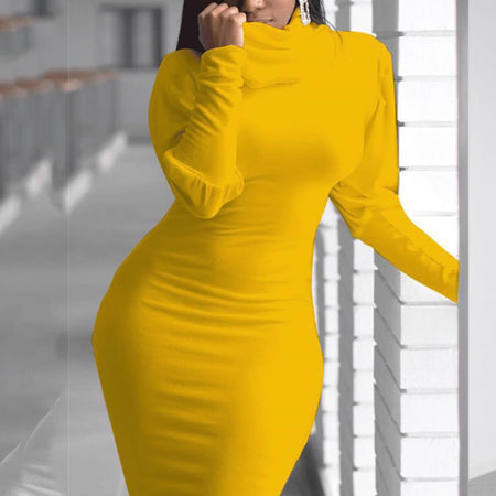 Long-Sleeve Elegant Slim High Neck Solid Cotton Dress - Fashion Damsel