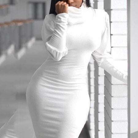 Long-Sleeve Elegant Slim High Neck Solid Cotton Dress - Fashion Damsel
