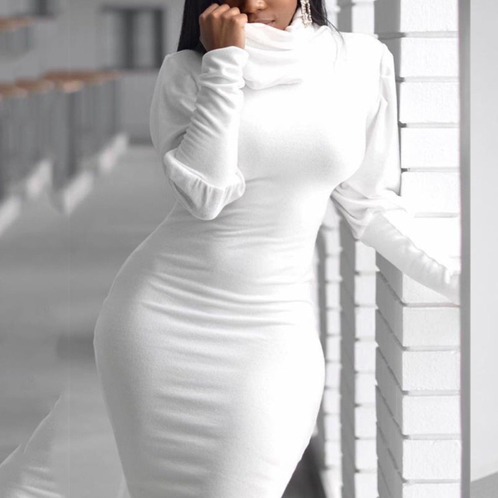 Long-Sleeve Elegant Slim High Neck Solid Cotton Dress - Fashion Damsel