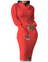 Long-Sleeve Elegant Slim High Neck Solid Cotton Dress - Fashion Damsel