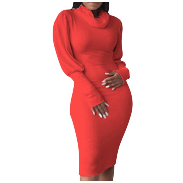 Long-Sleeve Elegant Slim High Neck Solid Cotton Dress - Fashion Damsel