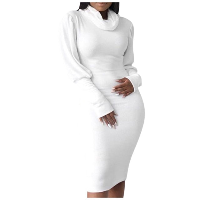 Long-Sleeve Elegant Slim High Neck Solid Cotton Dress - Fashion Damsel