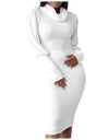Long-Sleeve Elegant Slim High Neck Solid Cotton Dress - Fashion Damsel