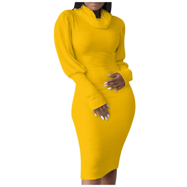 Long-Sleeve Elegant Slim High Neck Solid Cotton Dress - Fashion Damsel