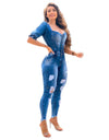 Button Square Neck Denim Jumpsuit - Fashion Damsel