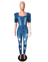 Button Square Neck Denim Jumpsuit - Fashion Damsel